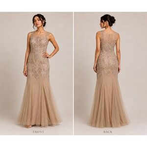 Ed Young Beaded Illusion Evening Gown Mermaid Tulle Dress Champagne 7708 M NEW